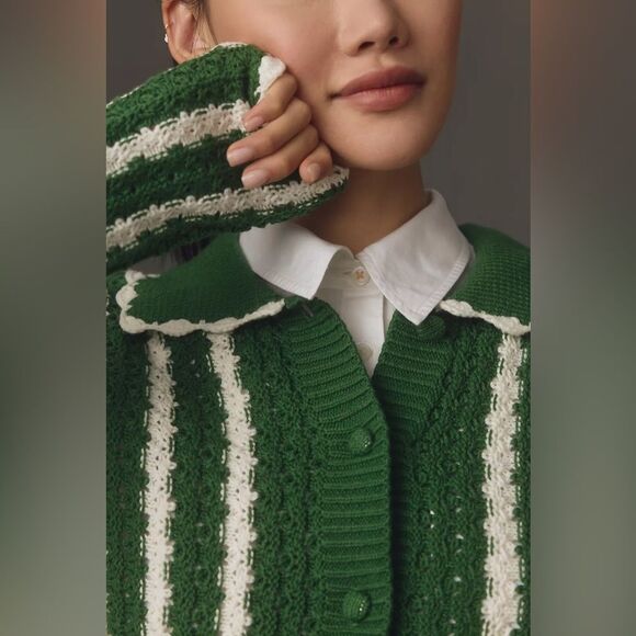 Anthropologie 4SI3NNA Collared Crochet Open-Stitch Cardigan Sweater NWT - Picture 3 of 9